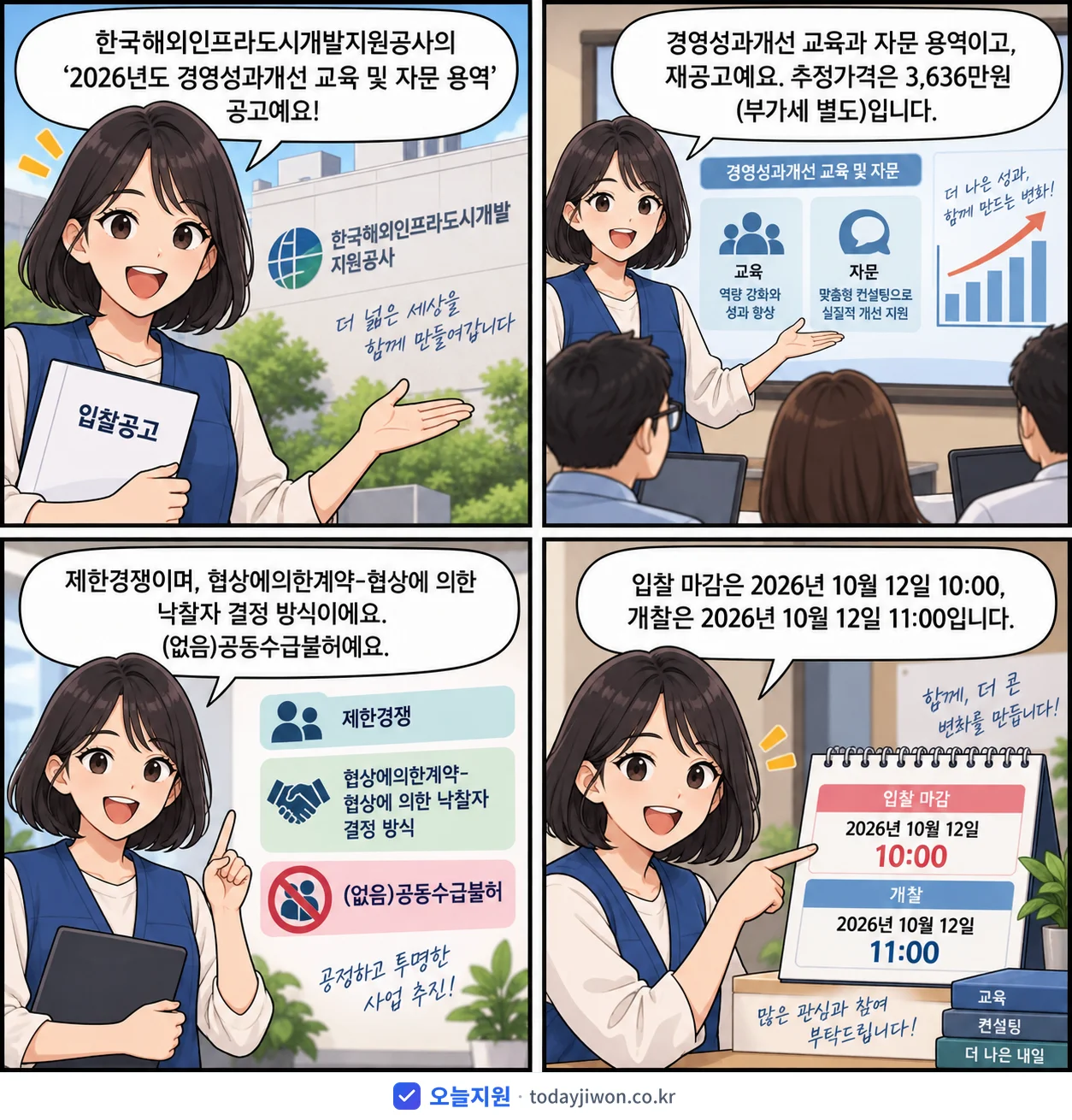 4컷 만화로 보는 공고: 한국해외인프라도시개발지원공사 '경영성과개선 교육 및 자문 용역', 추정가격 3,636만원, 입찰 마감 10/12 10:00