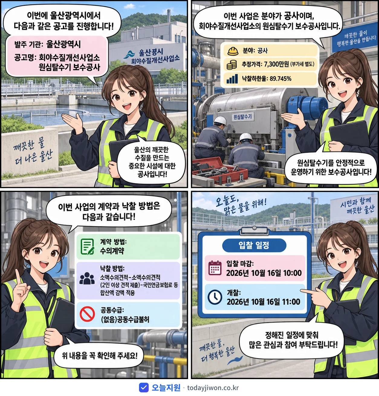 4컷 만화로 보는 공고: 울산광역시 '회야수질개선사업소 원심탈수기 보수공사', 추정가격 7,300만원, 입찰 마감 10/16 10:00