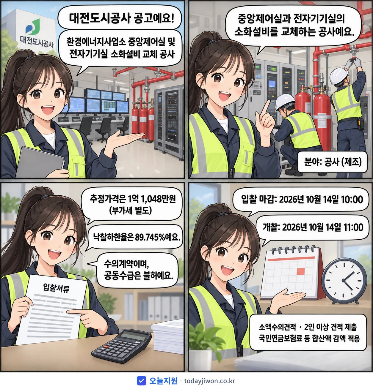 4컷 만화로 보는 공고: 대전도시공사 '환경에너지사업소 중앙제어실 및 전자기기실 소화설비 교체 공사', 추정가격 1억 1,048만원, 입찰 마감 10/14 10:00