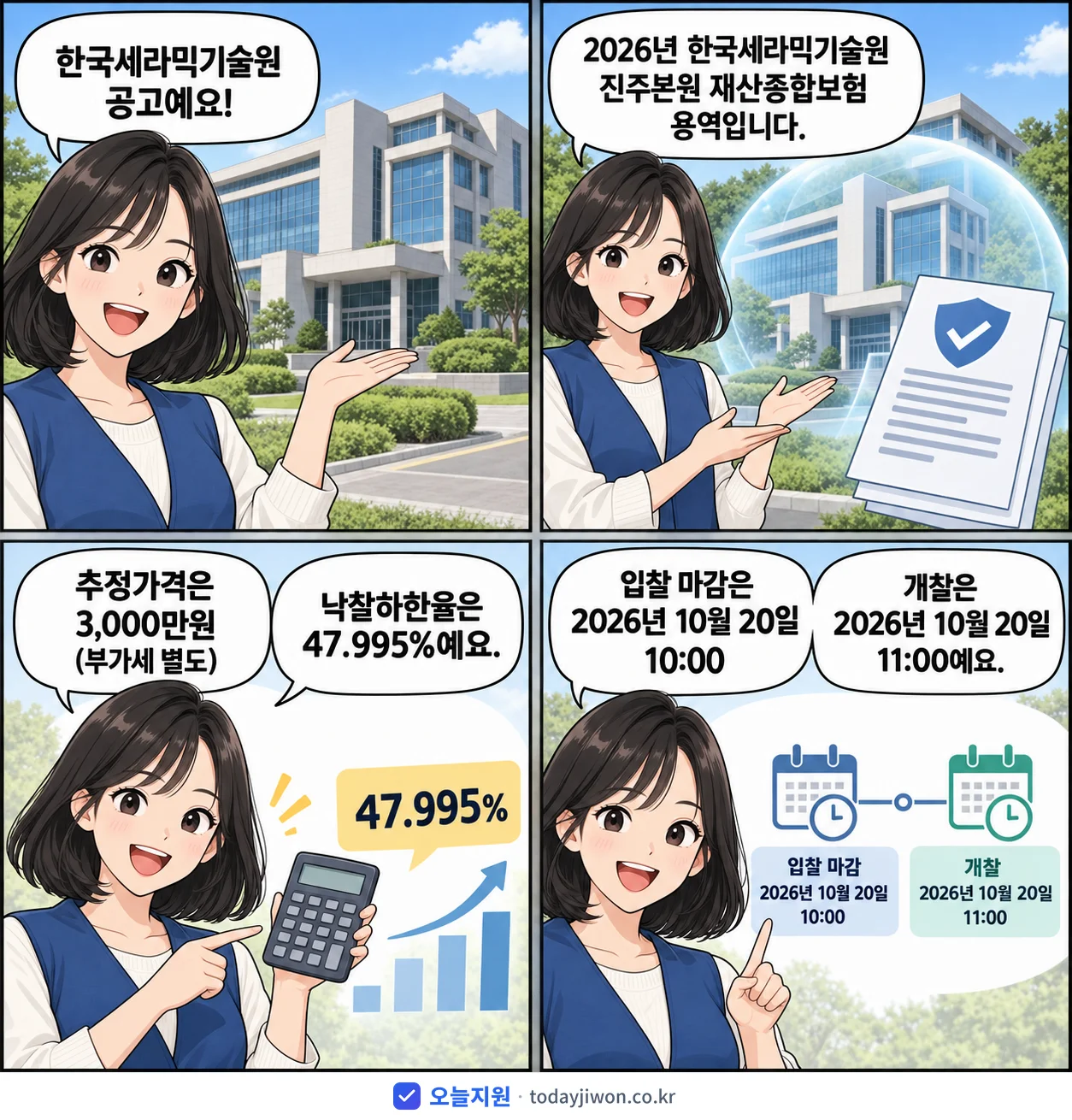 4컷 만화로 보는 공고: 한국세라믹기술원 '한국세라믹기술원 진주본원 재산종합보험', 추정가격 3,000만원, 입찰 마감 10/20 10:00