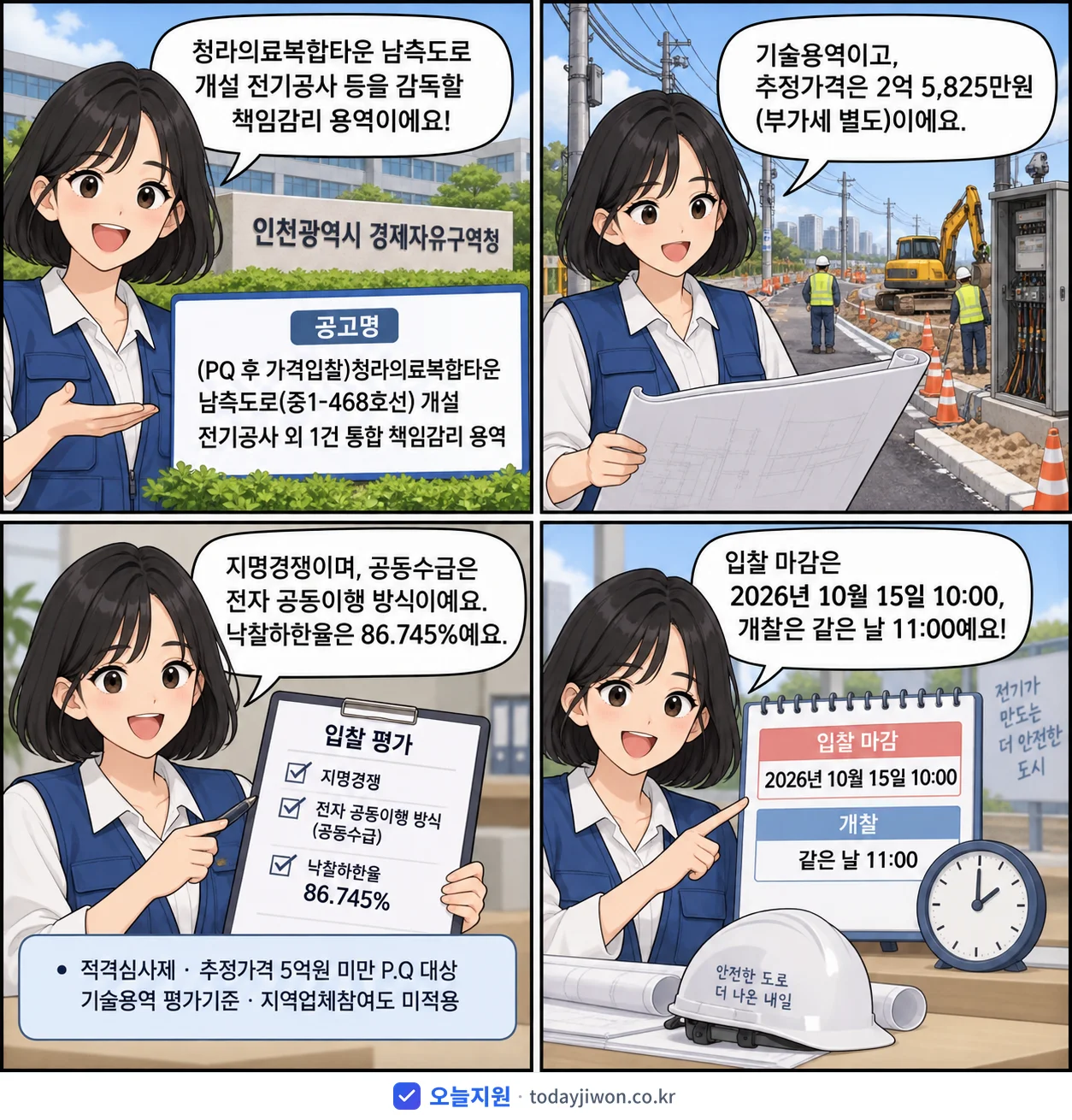4컷 만화로 보는 공고: 인천광역시 경제자유구역청 '(PQ 후 가격입찰)청라의료복합타운 남측도로(중1-468호선) 개설 전…', 추정가격 2억 5,825만원, 입찰 마감 10/15 10:00