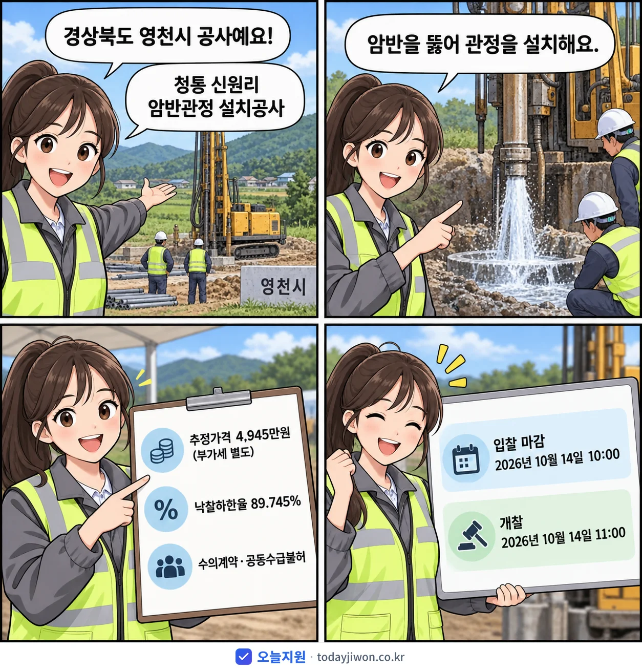 4컷 만화로 보는 공고: 경상북도 영천시 '청통 신원리 암반관정 설치공사', 추정가격 4,945만원, 입찰 마감 10/14 10:00