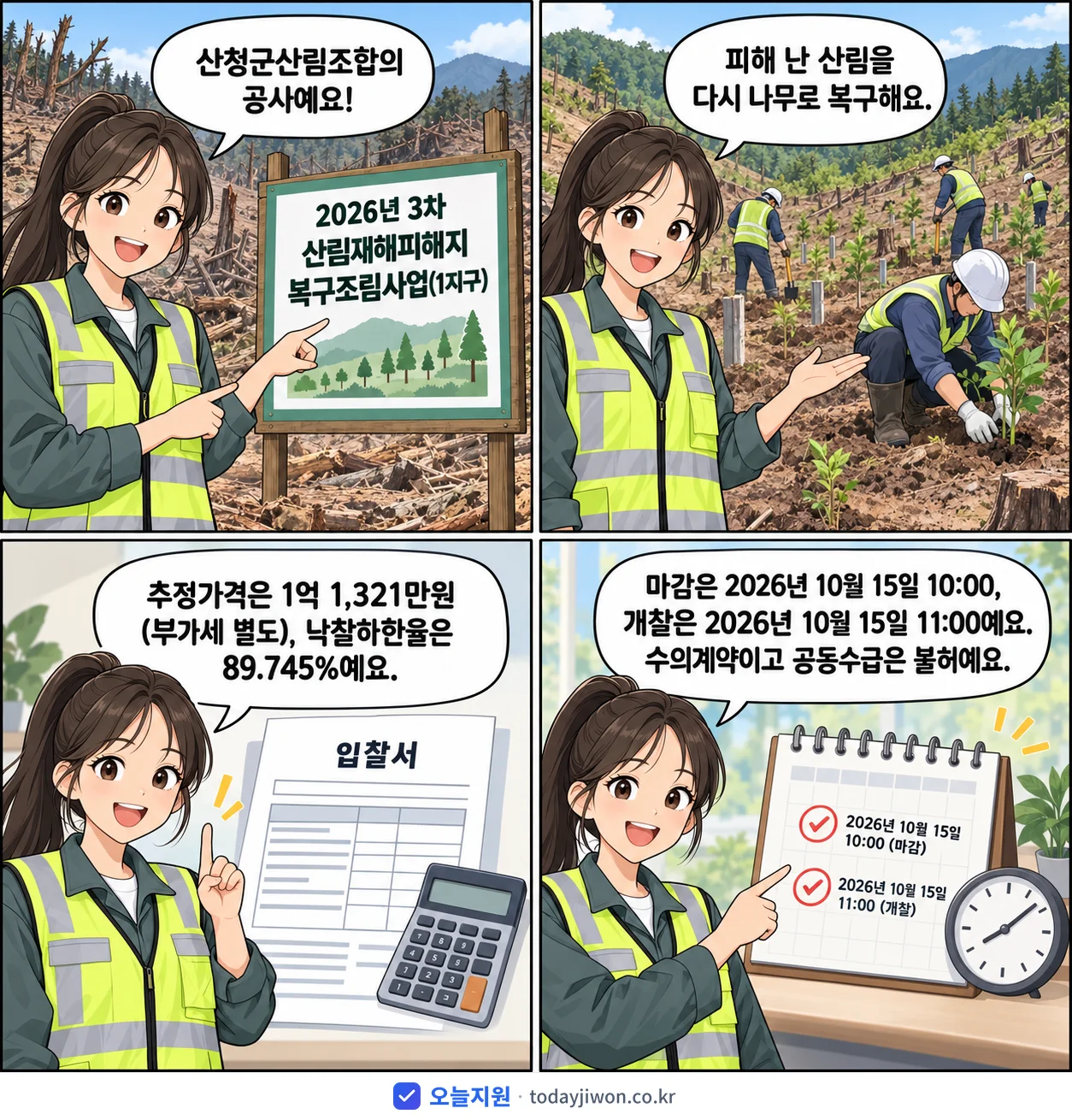 4컷 만화로 보는 공고: 산청군산림조합 '3차 산림재해피해지 복구조림사업(1지구)', 추정가격 1억 1,321만원, 입찰 마감 10/15 10:00