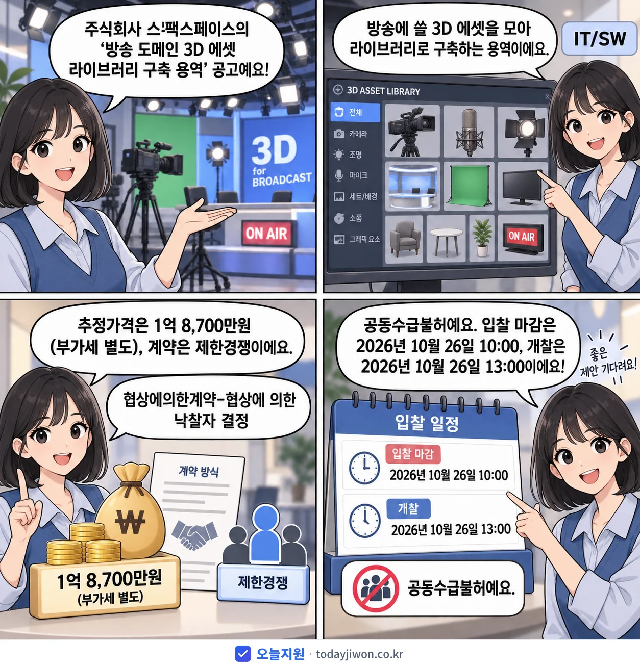 4컷 만화로 보는 공고: 주식회사 스팩스페이스 '방송 도메인 3D 에셋 라이브러리 구축 용역', 추정가격 1억 8,700만원, 입찰 마감 10/26 10:00