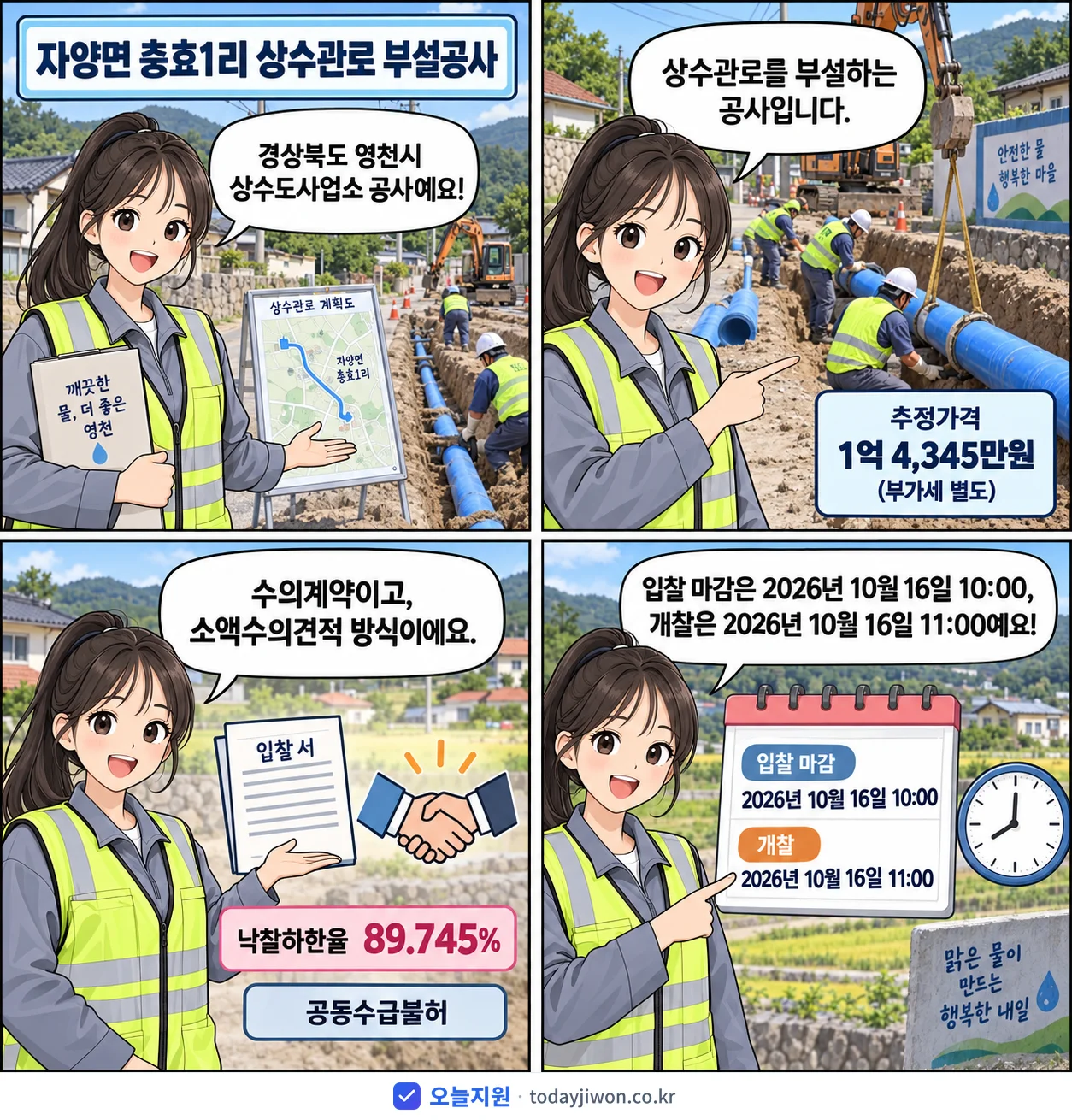 4컷 만화로 보는 공고: 경상북도 영천시 상수도사업소 '자양면 충효1리 상수관로 부설공사', 추정가격 1억 4,345만원, 입찰 마감 10/16 10:00