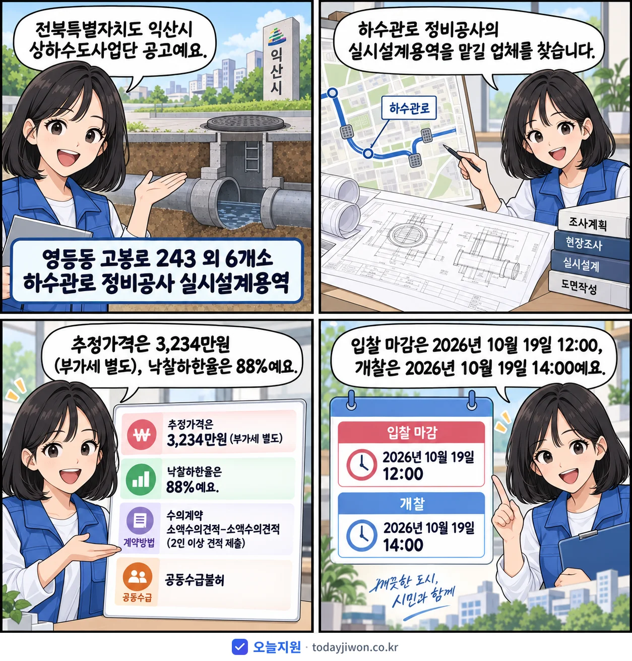 4컷 만화로 보는 공고: 전북특별자치도 익산시 상하수도사업단 '영등동 고봉로 243 외 6개소 하수관로 정비공사 실시설계용역', 추정가격 3,234만원, 입찰 마감 10/19 12:00