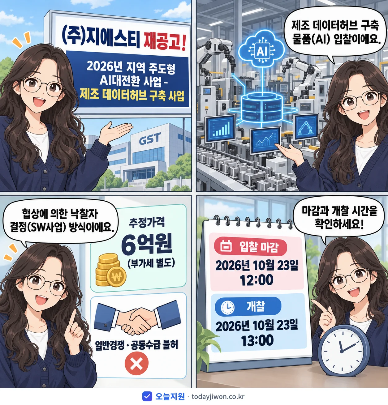 4컷 만화로 보는 공고: (주)지에스티 '지역 주도형 AI대전환 사업 - 제조 데이터허브 구축 사업', 추정가격 6억원, 입찰 마감 10/23 12:00