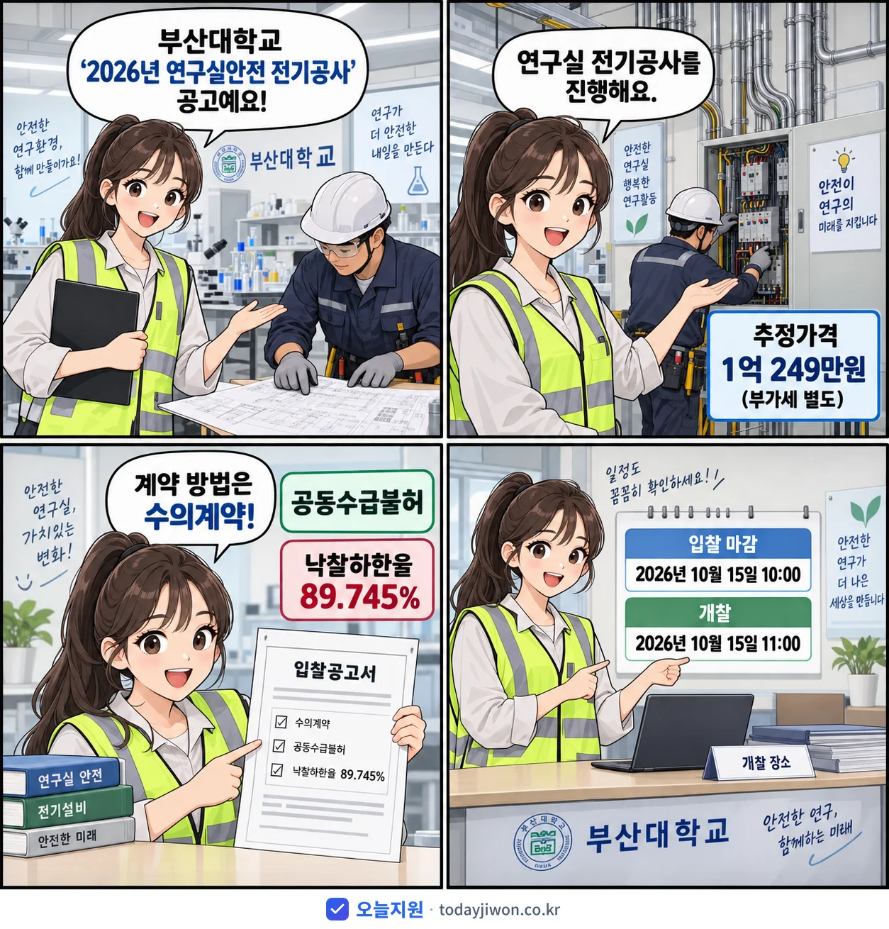 4컷 만화로 보는 공고: 부산대학교 '연구실안전 전기공사', 추정가격 1억 249만원, 입찰 마감 10/15 10:00