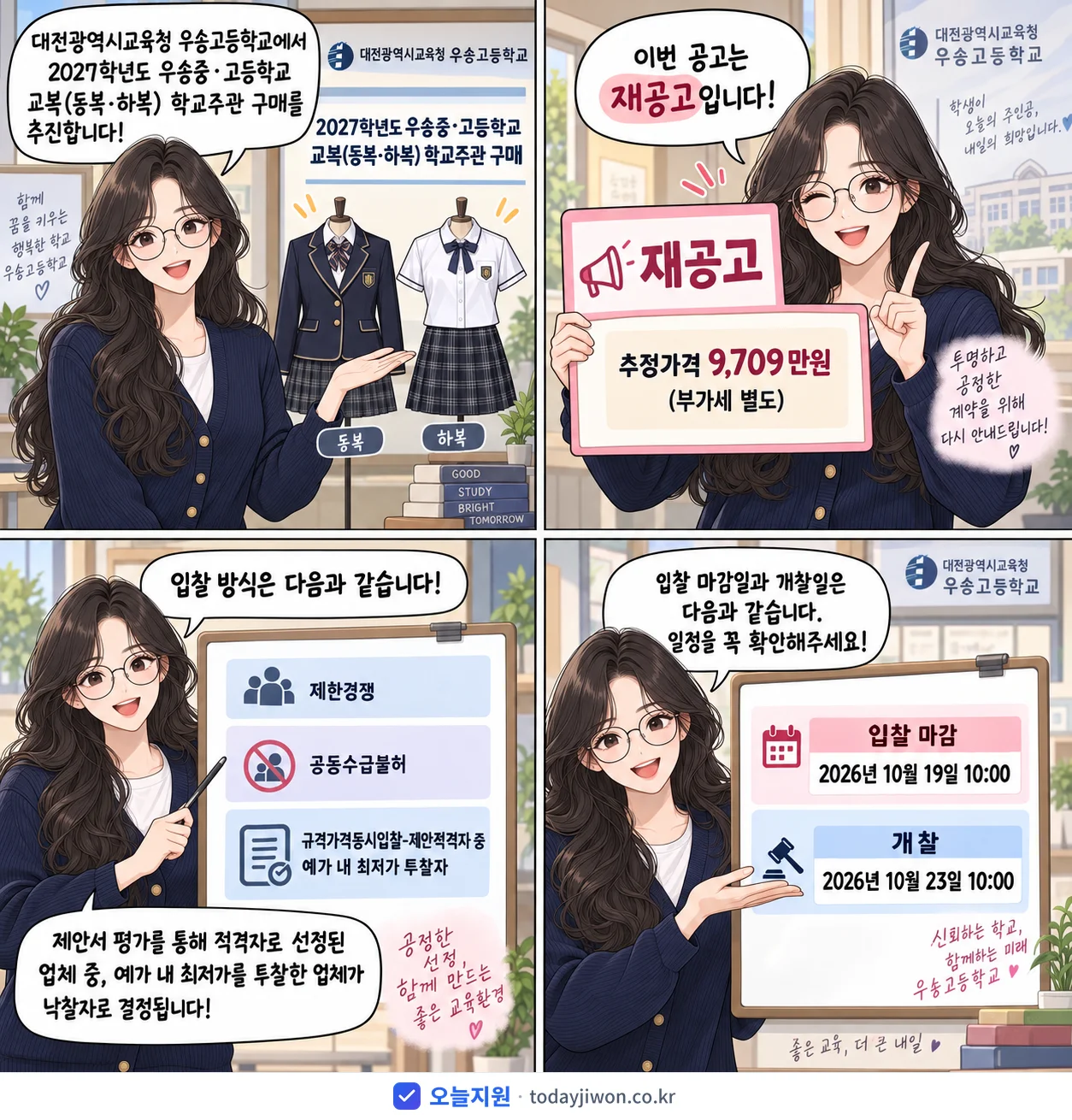 4컷 만화로 보는 공고: 대전광역시교육청 우송고등학교 '학년도 우송중·고등학교 교복(동복·하복) 학교주관 구매', 추정가격 9,709만원, 입찰 마감 10/19 10:00