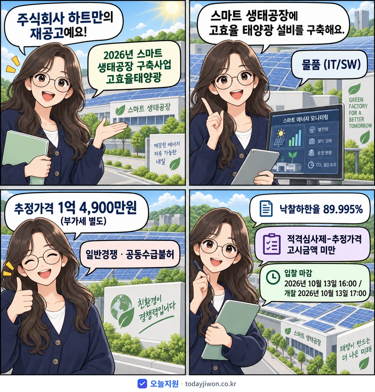 4컷 만화로 보는 공고: 주식회사 하트만 '스마트 생태공장 구축사업 고효율태양광', 추정가격 1억 4,900만원, 입찰 마감 10/13 16:00