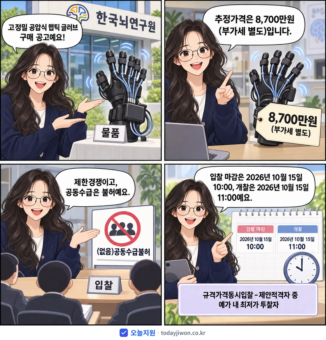 4컷 만화로 보는 공고: 한국뇌연구원 '고정밀 공압식 햅틱 글러브 구매', 추정가격 8,700만원, 입찰 마감 10/15 10:00