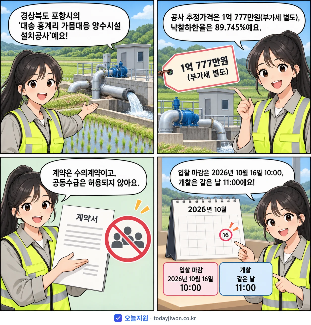 4컷 만화로 보는 공고: 경상북도 포항시 '대송 홍계리 가믐대응 양수시설 설치공사', 추정가격 1억 777만원, 입찰 마감 10/16 10:00