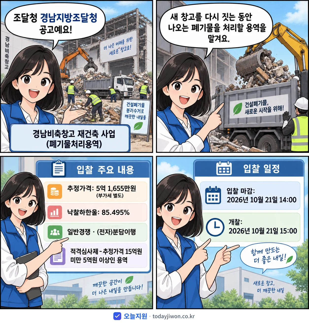 4컷 만화로 보는 공고: 조달청 경남지방조달청 '경남비축창고 재건축 사업(폐기물처리용역)', 추정가격 5억 1,655만원, 입찰 마감 10/21 14:00