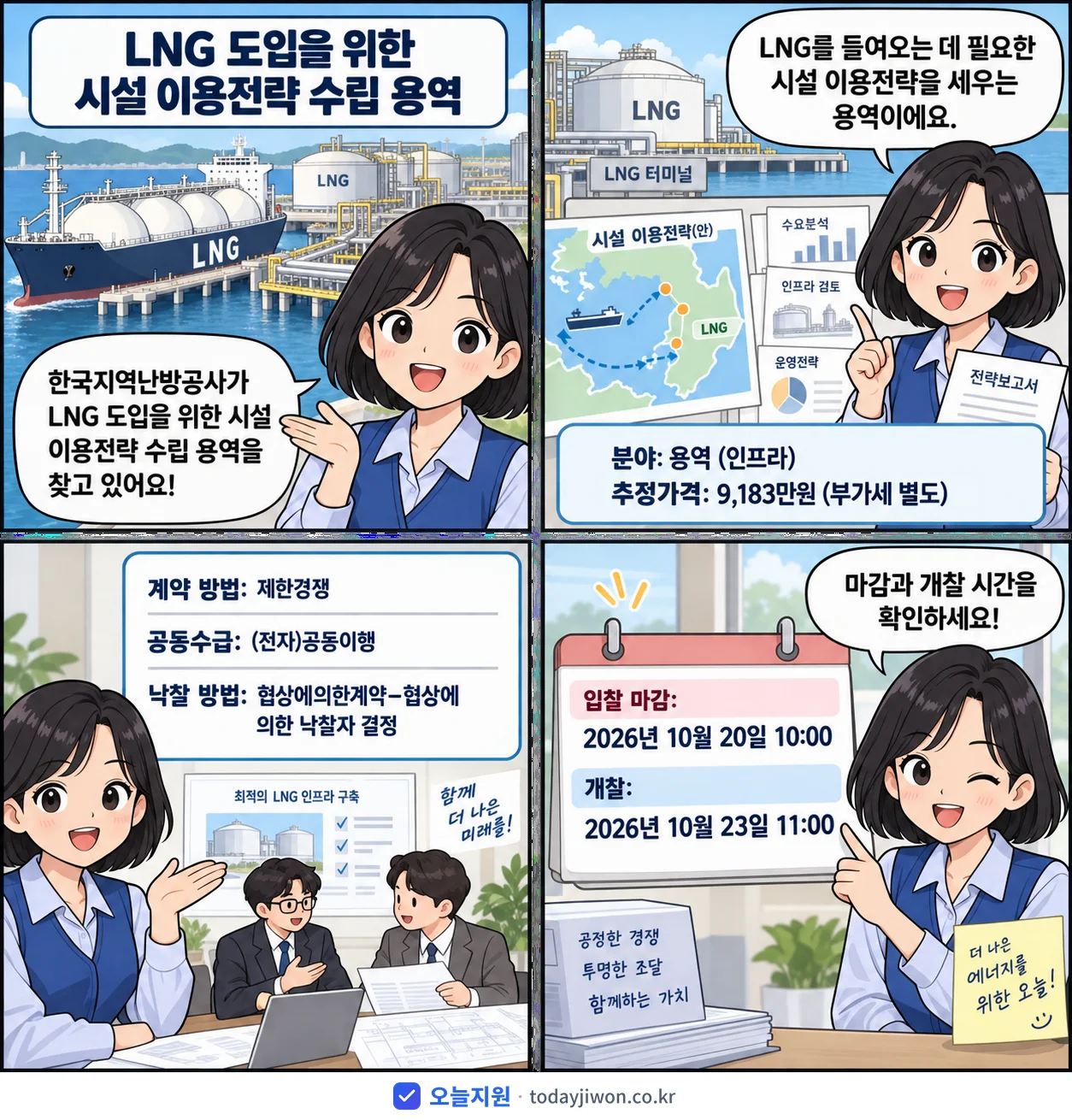 4컷 만화로 보는 공고: 한국지역난방공사 'LNG 도입을 위한 시설 이용전략 수립 용역', 추정가격 9,183만원, 입찰 마감 10/20 10:00