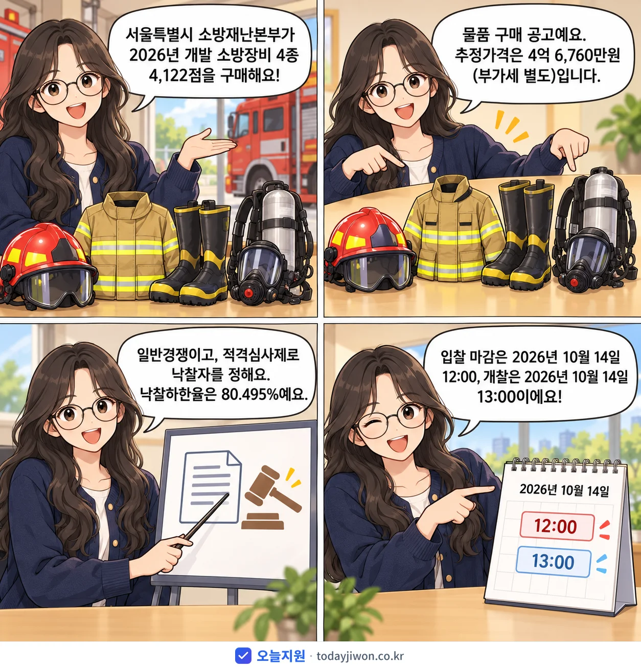 4컷 만화로 보는 공고: 서울특별시 소방재난본부 '개발 소방장비 4종 4,122점 구매', 추정가격 4억 6,760만원, 입찰 마감 10/14 12:00