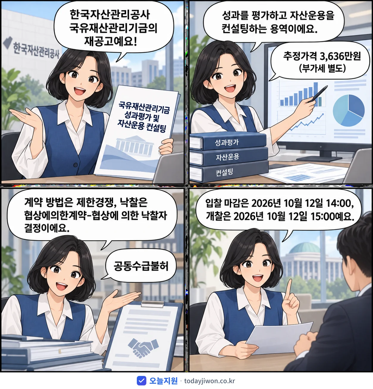 4컷 만화로 보는 공고: 한국자산관리공사 국유재산관리기금 '국유재산관리기금 성과평가 및 자산운용 컨설팅', 추정가격 3,636만원, 입찰 마감 10/12 14:00