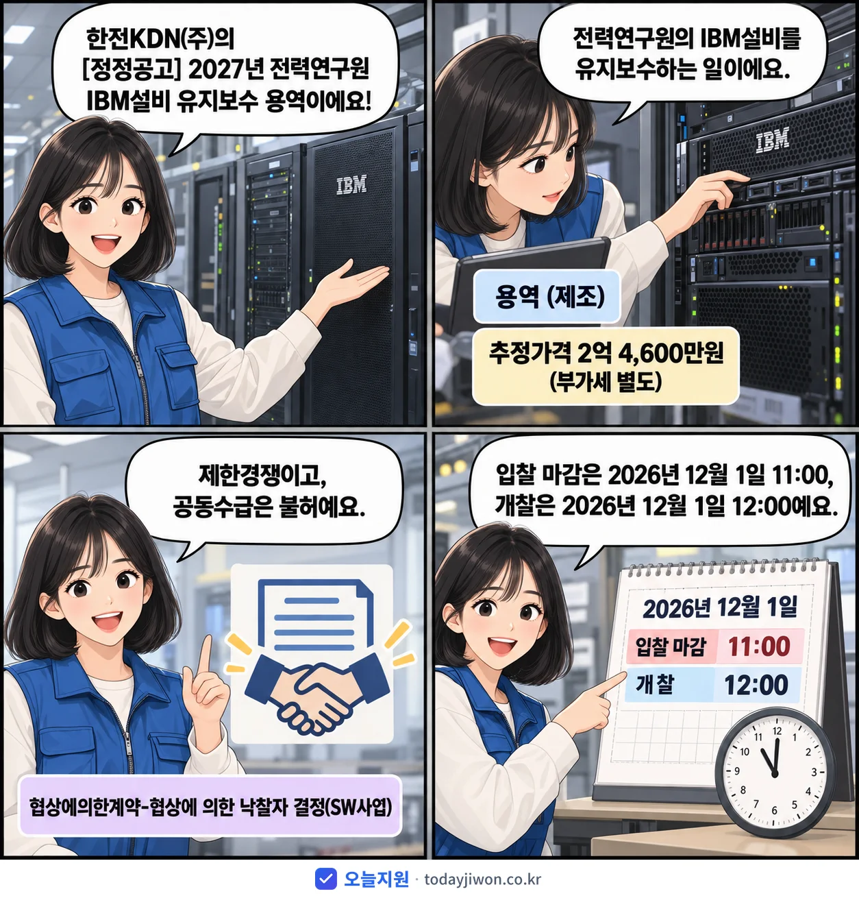 4컷 만화로 보는 공고: 한전KDN(주) '전력연구원 IBM설비 유지보수', 추정가격 2억 4,600만원, 입찰 마감 12/1 11:00