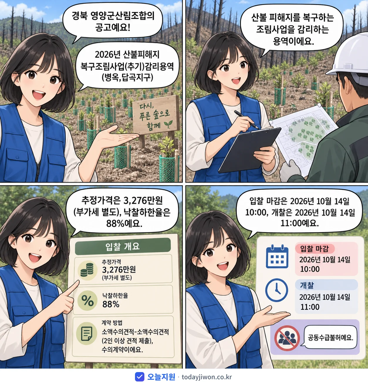 4컷 만화로 보는 공고: 경북 영양군산림조합 '산불피해지 복구조림사업(추기)감리용역(병옥,답곡지구)', 추정가격 3,276만원, 입찰 마감 10/14 10:00