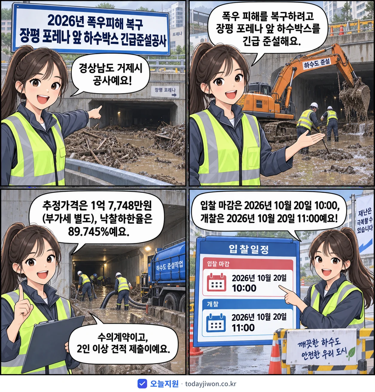 4컷 만화로 보는 공고: 경상남도 거제시 '폭우피해 복구 장평 포레나 앞 하수박스 긴급준설공사', 추정가격 1억 7,748만원, 입찰 마감 10/20 10:00