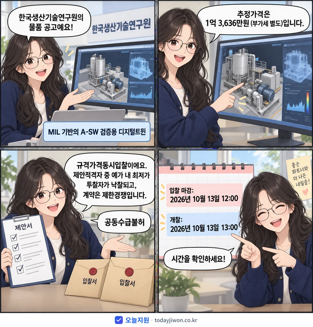 4컷 만화로 보는 공고: 한국생산기술연구원 'MIL 기반의 A-SW 검증용 디지털트윈', 추정가격 1억 3,636만원, 입찰 마감 10/13 12:00