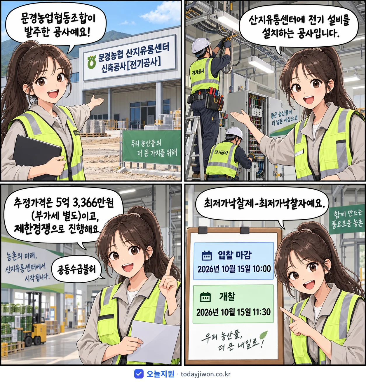 4컷 만화로 보는 공고: 문경농업협동조합 '문경농협 산지유통센터 신축공사', 추정가격 5억 3,366만원, 입찰 마감 10/15 10:00