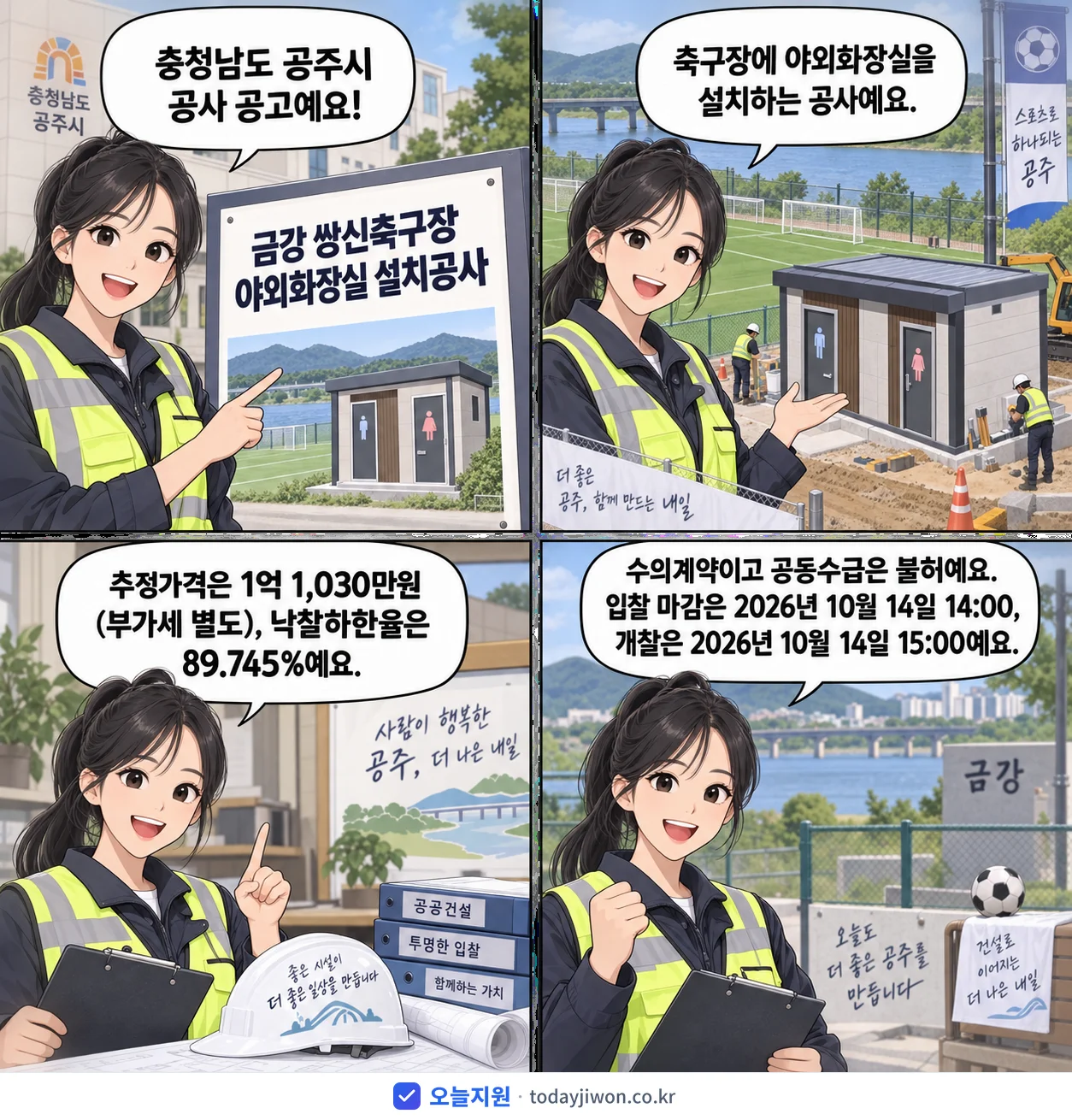 4컷 만화로 보는 공고: 충청남도 공주시 '금강 쌍신축구장 야외화장실 설치공사', 추정가격 1억 1,030만원, 입찰 마감 10/14 14:00