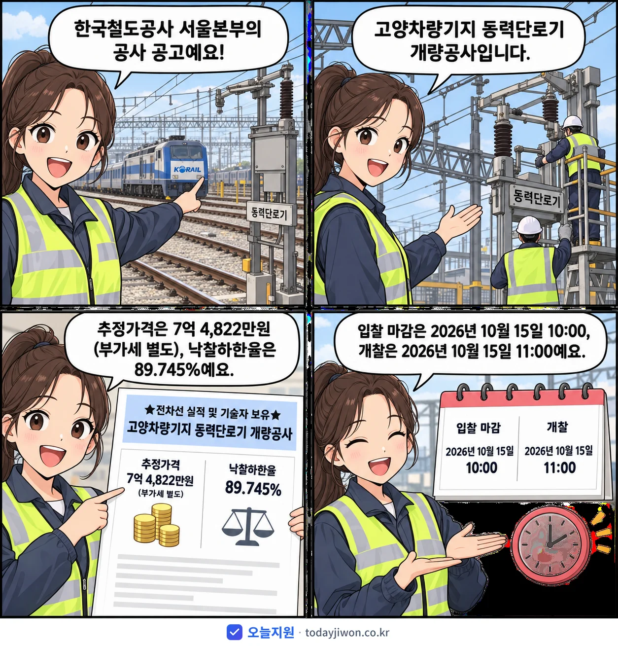 4컷 만화로 보는 공고: 한국철도공사 서울본부 '★전차선 실적 및 기술자 보유★ 고양차량기지 동력단로기 개량공사', 추정가격 7억 4,822만원, 입찰 마감 10/15 10:00