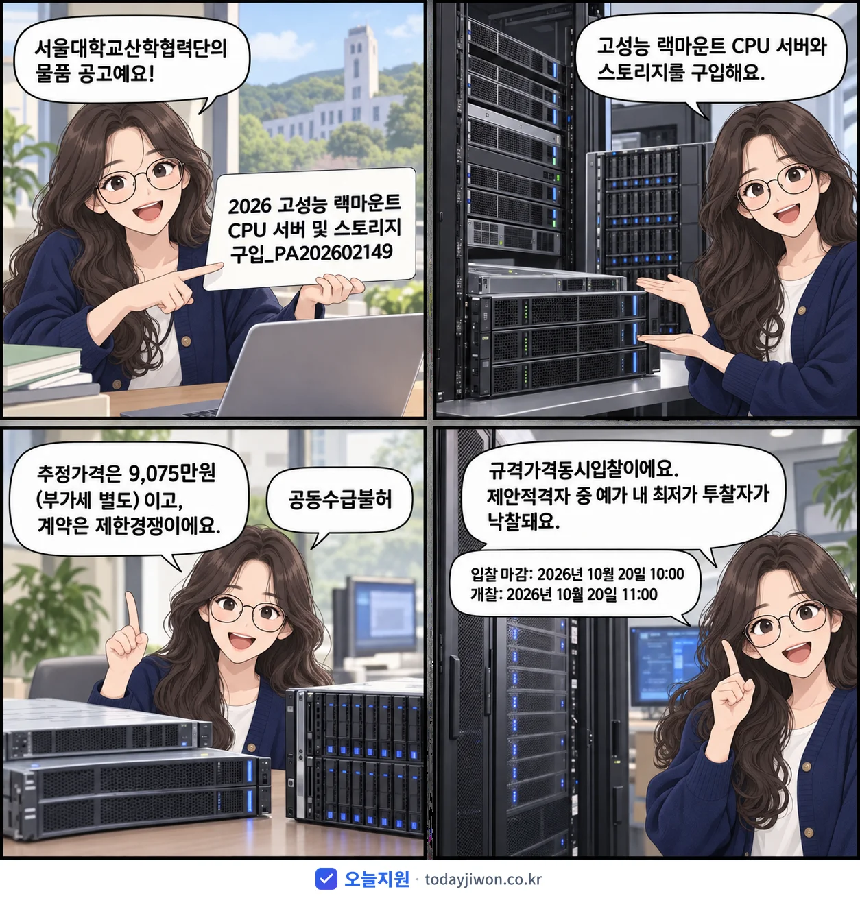 4컷 만화로 보는 공고: 서울대학교산학협력단 '고성능 랙마운트 CPU 서버 및 스토리지 구입_PA202602149', 추정가격 9,075만원, 입찰 마감 10/20 10:00