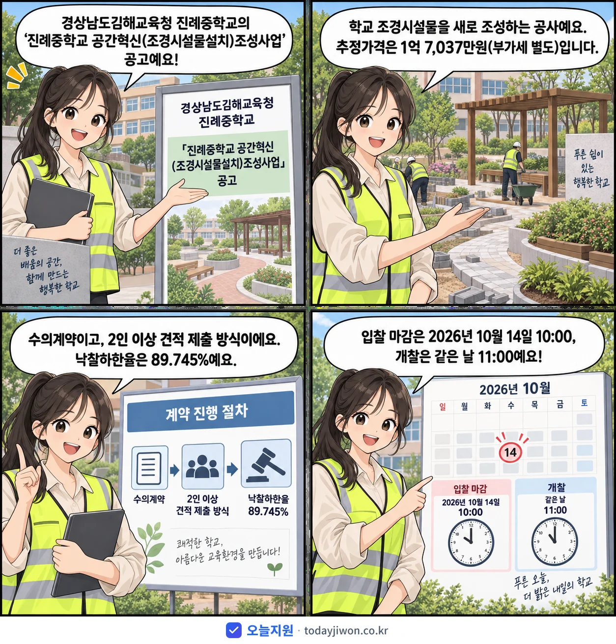 4컷 만화로 보는 공고: 경상남도김해교육청 진례중학교 '진례중학교 공간혁신(조경시설물설치)조성사업', 추정가격 1억 7,037만원, 입찰 마감 10/14 10:00