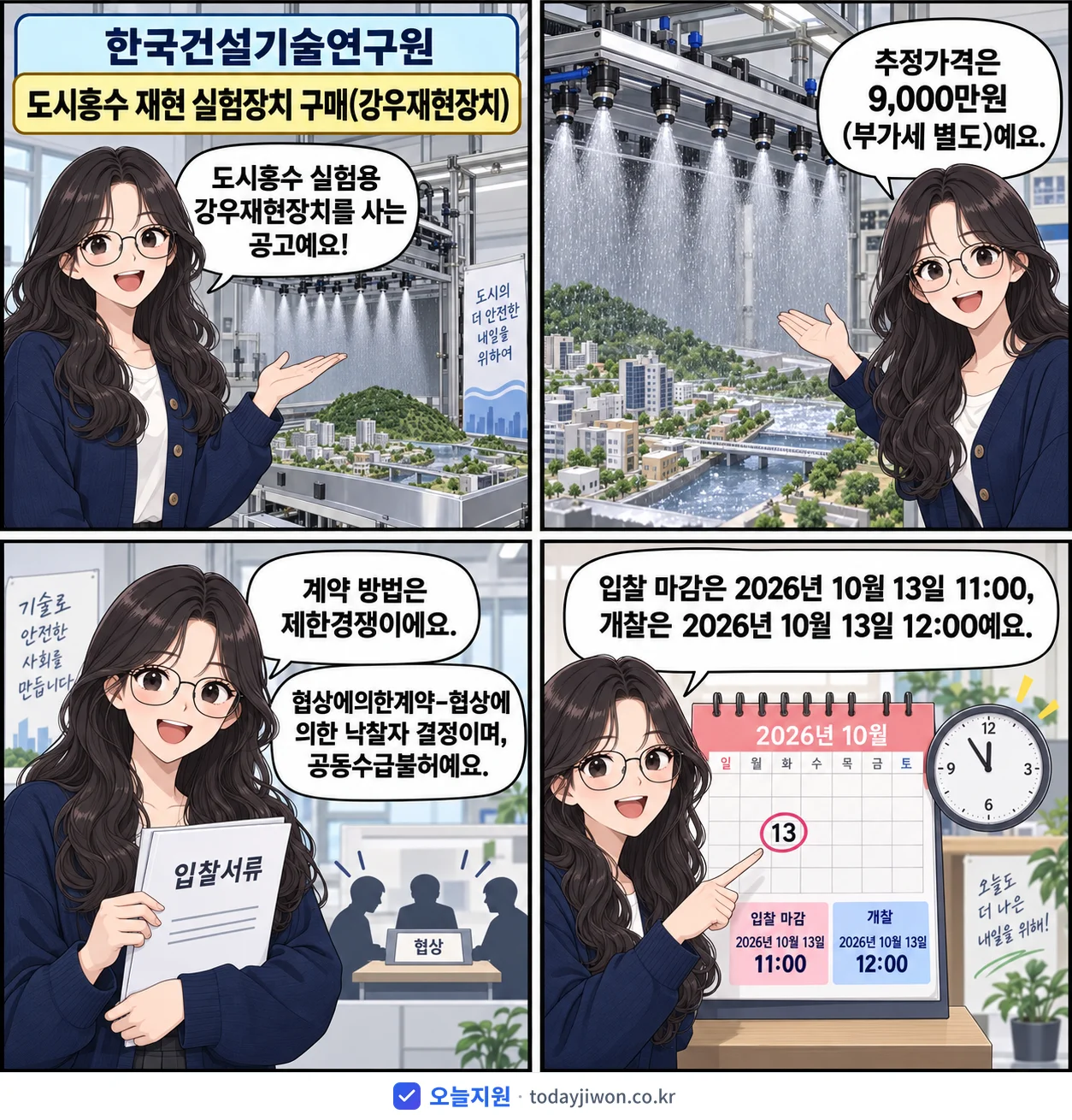 4컷 만화로 보는 공고: 한국건설기술연구원 '도시홍수 재현 실험장치 구매(강우재현장치)', 추정가격 9,000만원, 입찰 마감 10/13 11:00