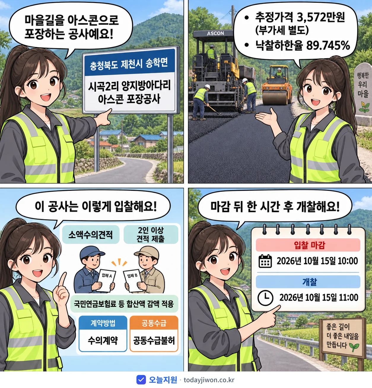 4컷 만화로 보는 공고: 충청북도 제천시 송학면 '시곡2리 양지방아다리 아스콘 포장공사', 추정가격 3,572만원, 입찰 마감 10/15 10:00
