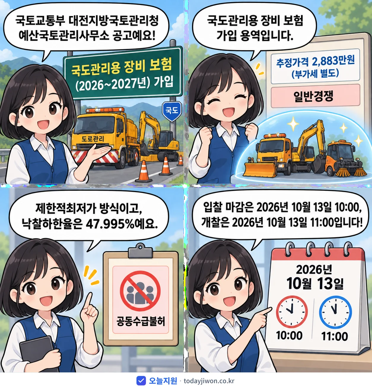 4컷 만화로 보는 공고: 국토교통부 대전지방국토관리청 예산국토관리사무소 '국도관리용 장비 보험(2026~2027년) 가입', 추정가격 2,883만원, 입찰 마감 10/13 10:00