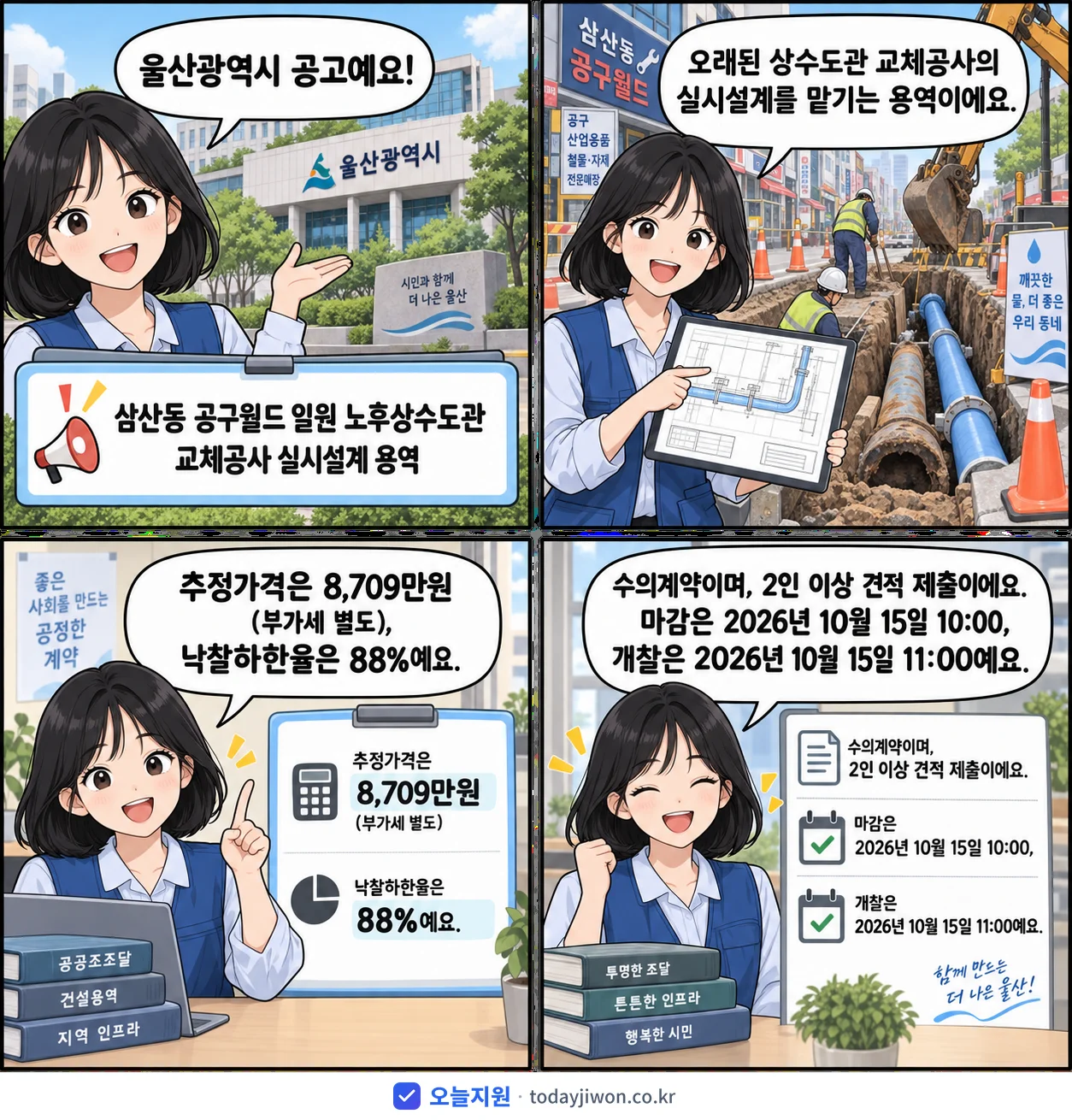 4컷 만화로 보는 공고: 울산광역시 '삼산동 공구월드 일원 노후상수도관 교체공사 실시설계 용역', 추정가격 8,709만원, 입찰 마감 10/15 10:00