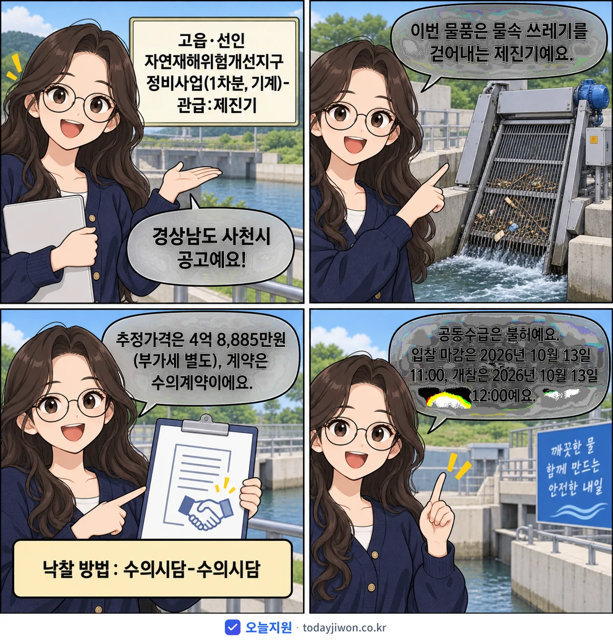 4컷 만화로 보는 공고: 경상남도 사천시 '고읍·선인 자연재해위험개선지구 정비사업(1차분, 기계)-관급:제진기', 추정가격 4억 8,885만원, 입찰 마감 10/13 11:00