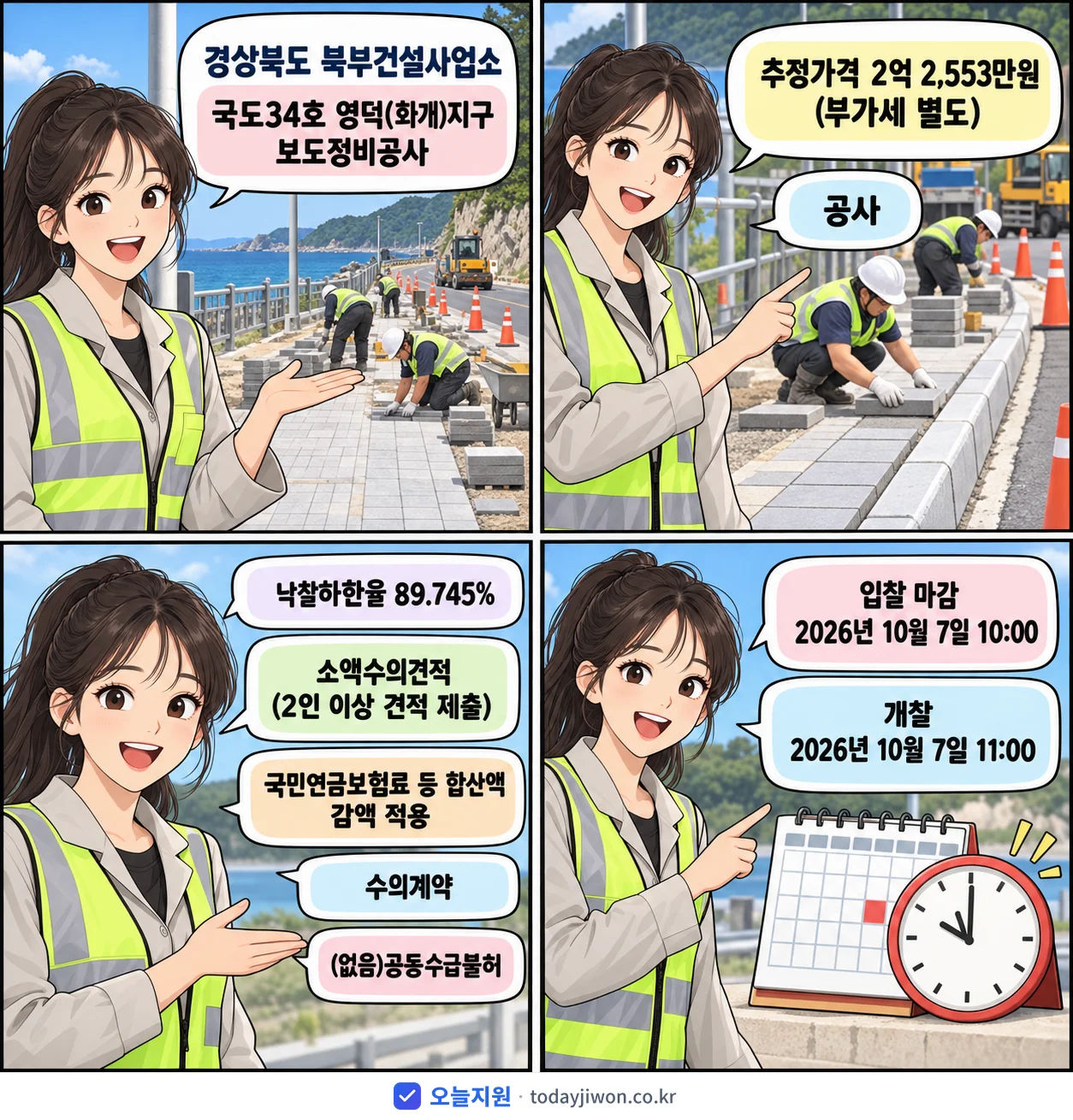 4컷 만화로 보는 공고: 경상북도 북부건설사업소 '국도34호 영덕(화개)지구 보도정비공사', 추정가격 2억 2,553만원, 입찰 마감 10/7 10:00