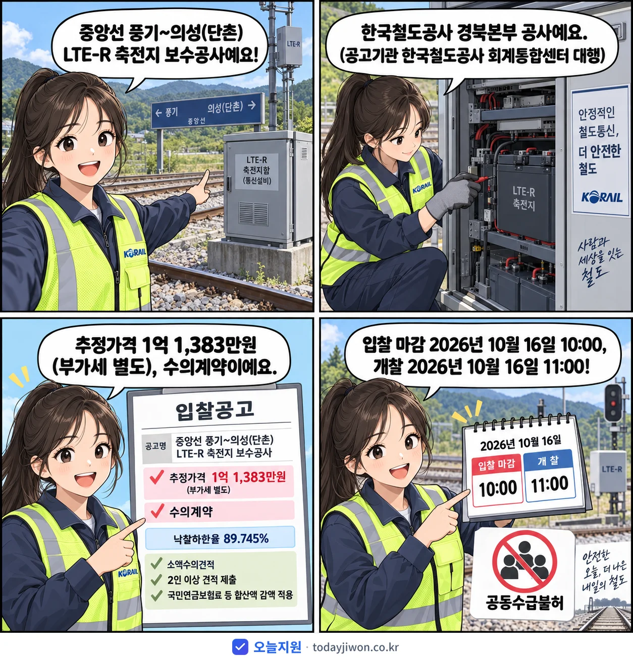 4컷 만화로 보는 공고: 한국철도공사 경북본부 '중앙선 풍기~의성(단촌) LTE-R 축전지 보수공사', 추정가격 1억 1,383만원, 입찰 마감 10/16 10:00