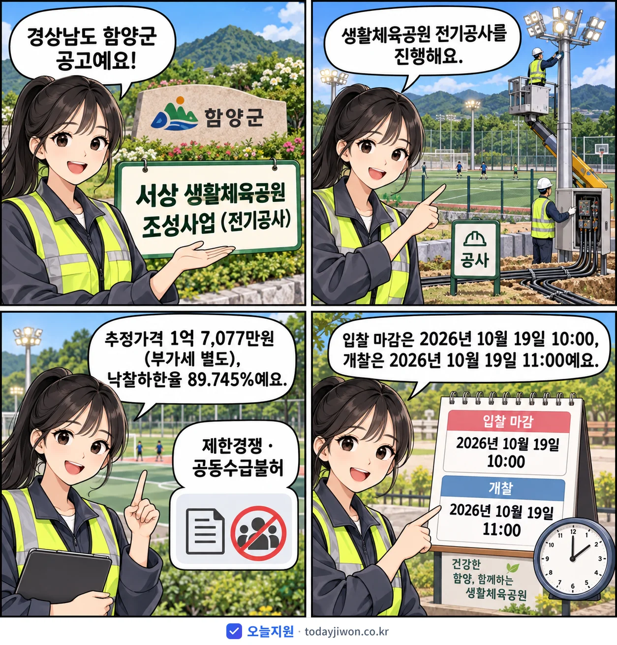 4컷 만화로 보는 공고: 경상남도 함양군 '서상 생활체육공원 조성사업(전기공사)', 추정가격 1억 7,077만원, 입찰 마감 10/19 10:00