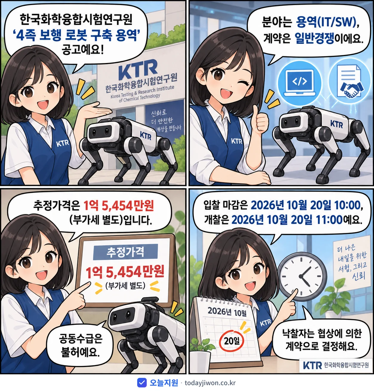 4컷 만화로 보는 공고: 한국화학융합시험연구원 '4족 보행 로봇 구축 용역', 추정가격 1억 5,454만원, 입찰 마감 10/20 10:00