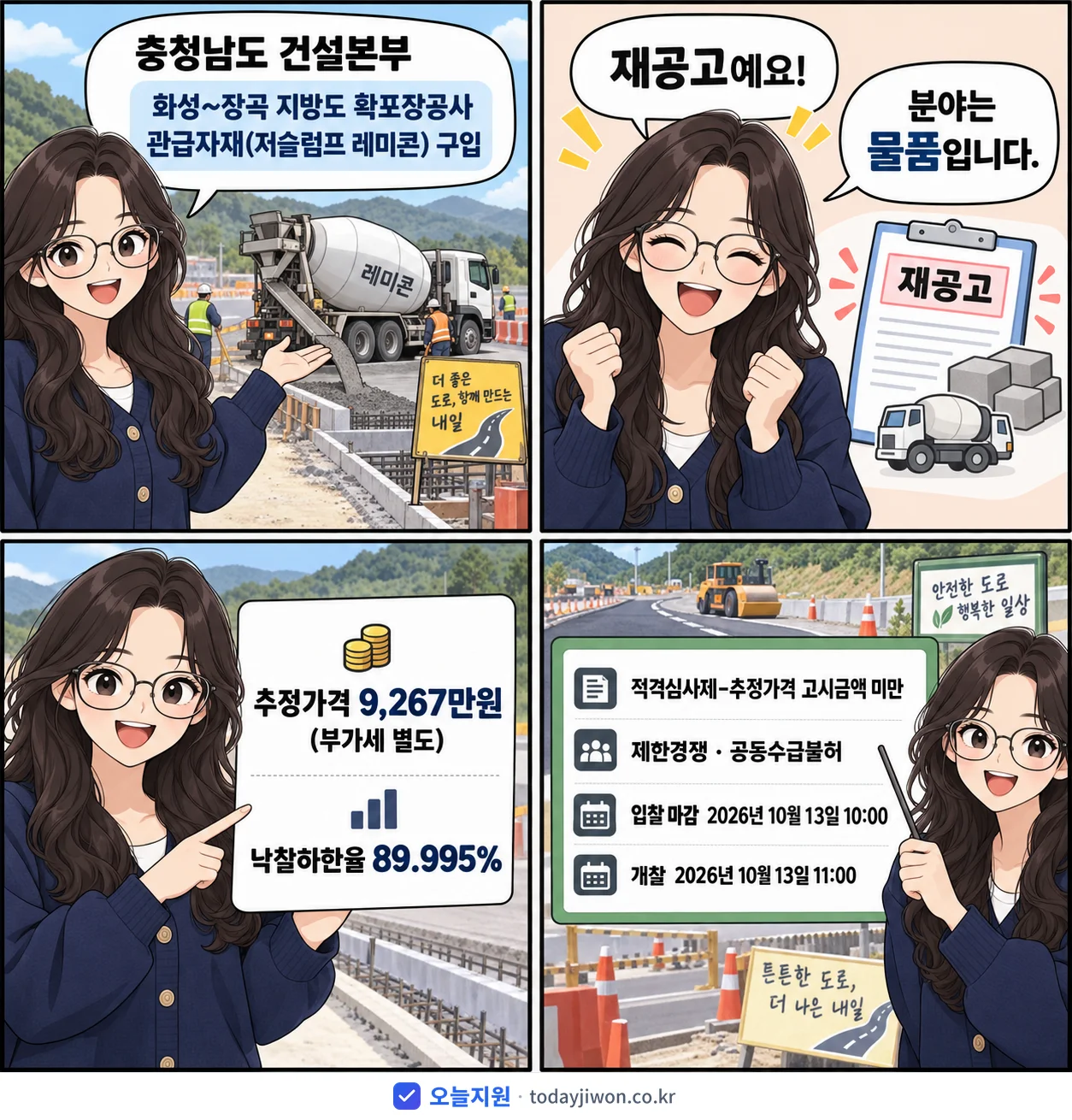 4컷 만화로 보는 공고: 충청남도 건설본부 '화성~장곡 지방도 확포장공사 관급자재(저슬럼프 레미콘) 구입', 추정가격 9,267만원, 입찰 마감 10/13 10:00