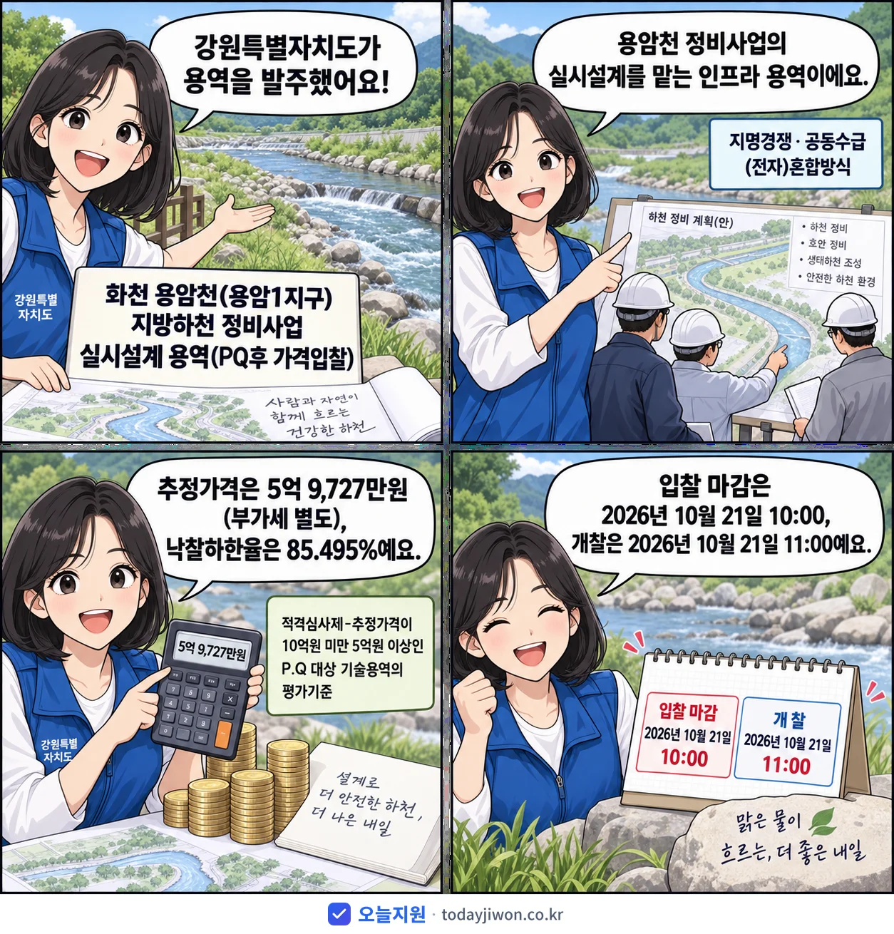 4컷 만화로 보는 공고: 강원특별자치도 '화천 용암천(용암1지구) 지방하천 정비사업 실시설계 용역(PQ후 가격입…', 추정가격 5억 9,727만원, 입찰 마감 10/21 10:00