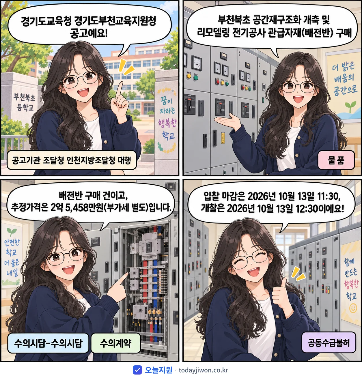 4컷 만화로 보는 공고: 경기도교육청 경기도부천교육지원청 '부천북초 공간재구조화 개축 및 리모델링 전기공사 관급자재(배전반) 구매', 추정가격 2억 5,458만원, 입찰 마감 10/13 11:30