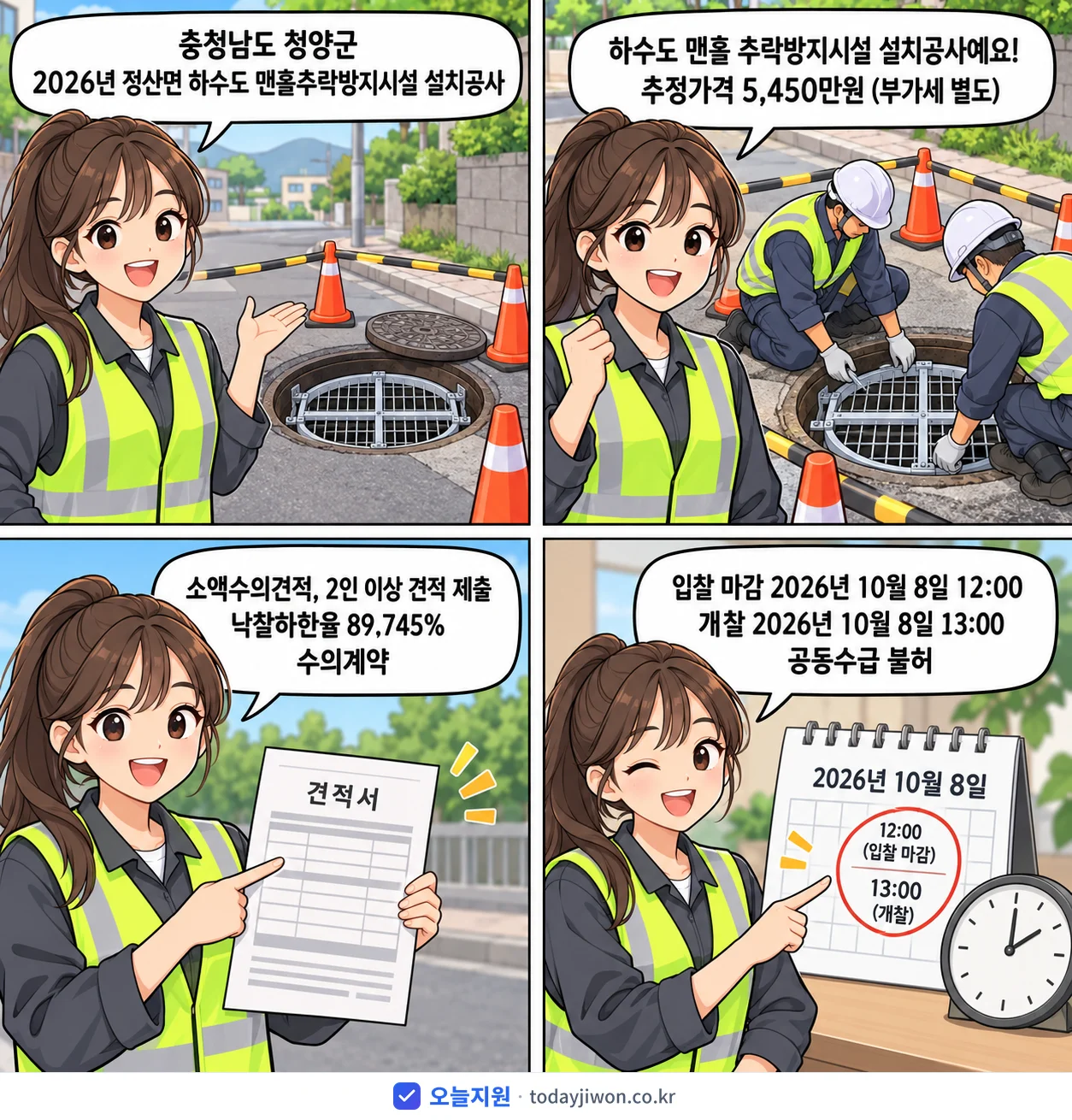 4컷 만화로 보는 공고: 충청남도 청양군 '정산면 하수도 맨홀추락방지시설 설치공사', 추정가격 5,450만원, 입찰 마감 10/8 12:00