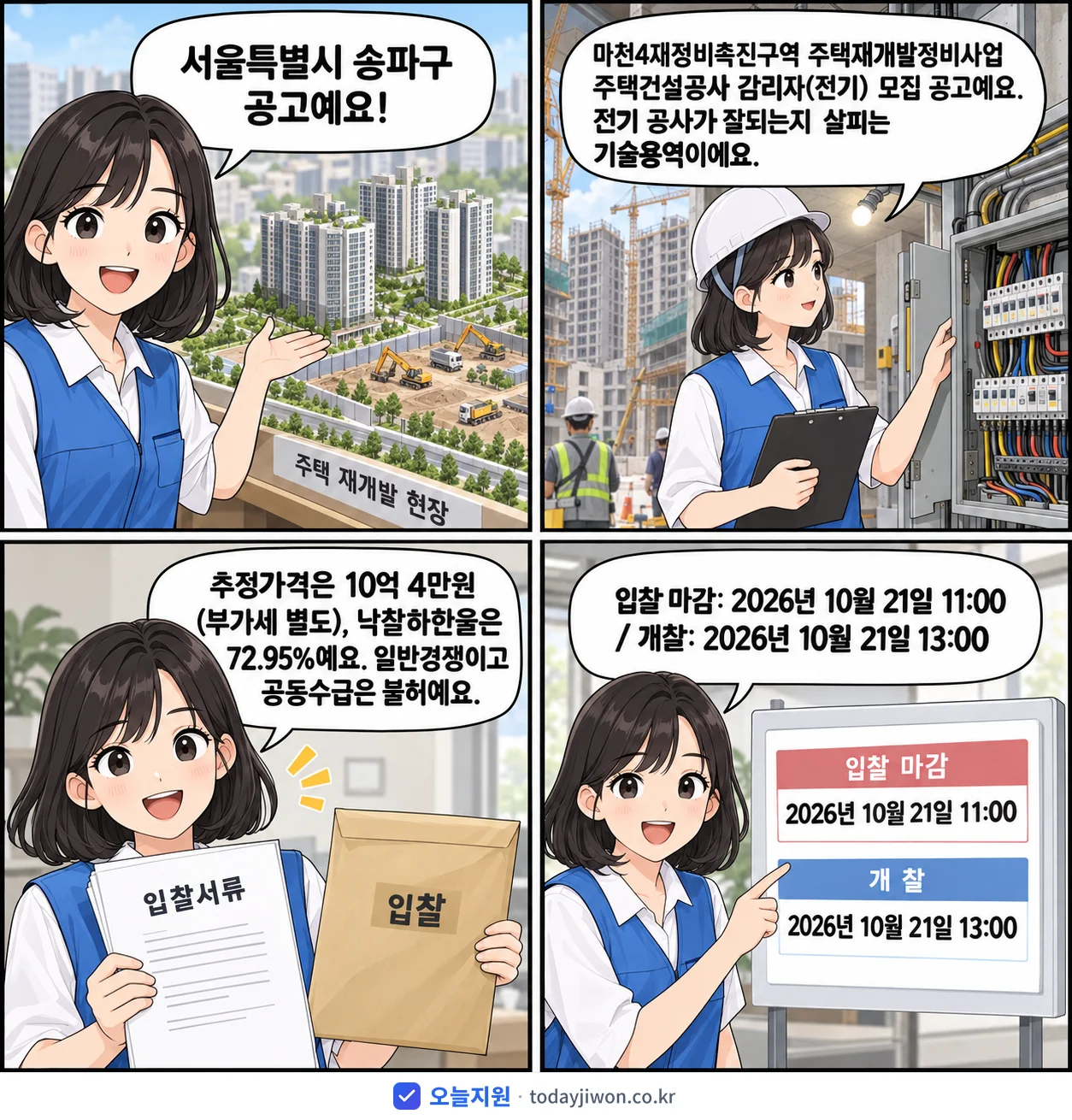 4컷 만화로 보는 공고: 서울특별시 송파구 '마천4재정비촉진구역 주택재개발정비사업 주택건설공사 감리자(전기) 모집…', 추정가격 10억 4만원, 입찰 마감 10/21 11:00