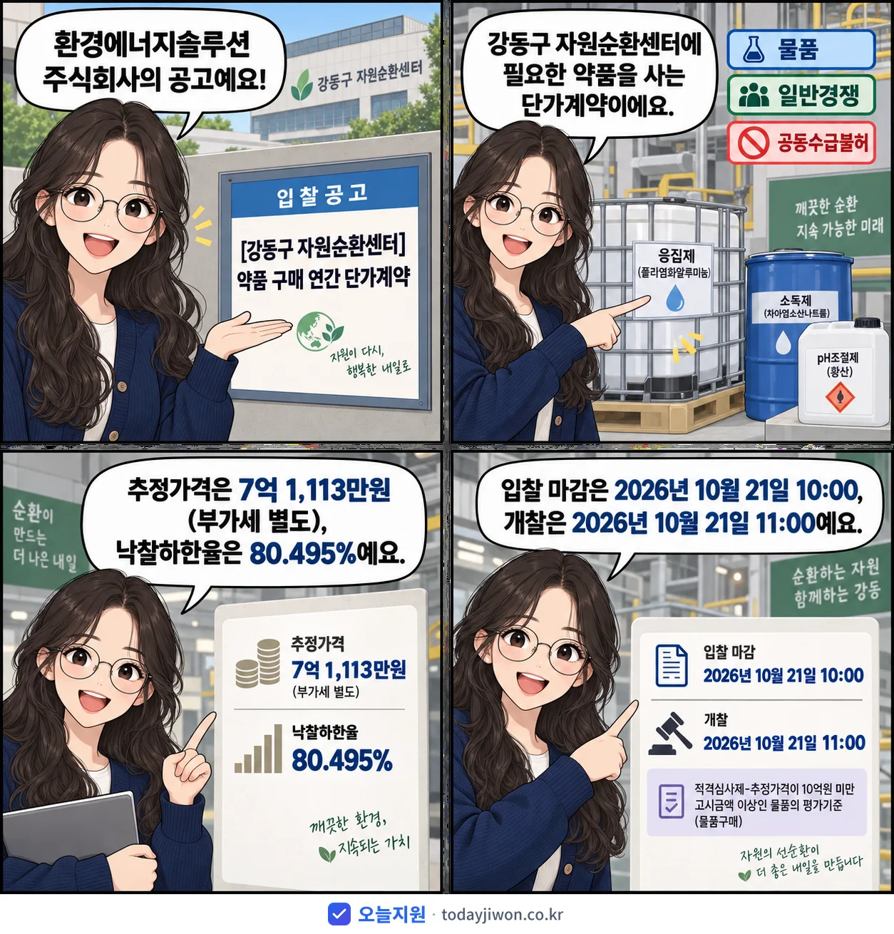 4컷 만화로 보는 공고: 환경에너지솔루션 주식회사 '약품 구매 연간 단가계약', 추정가격 7억 1,113만원, 입찰 마감 10/21 10:00