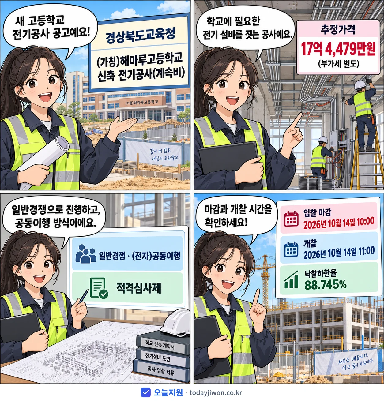 4컷 만화로 보는 공고: 경상북도교육청 '(가칭)해마루고등학교 신축 전기공사(계속비)', 추정가격 17억 4,479만원, 입찰 마감 10/14 10:00
