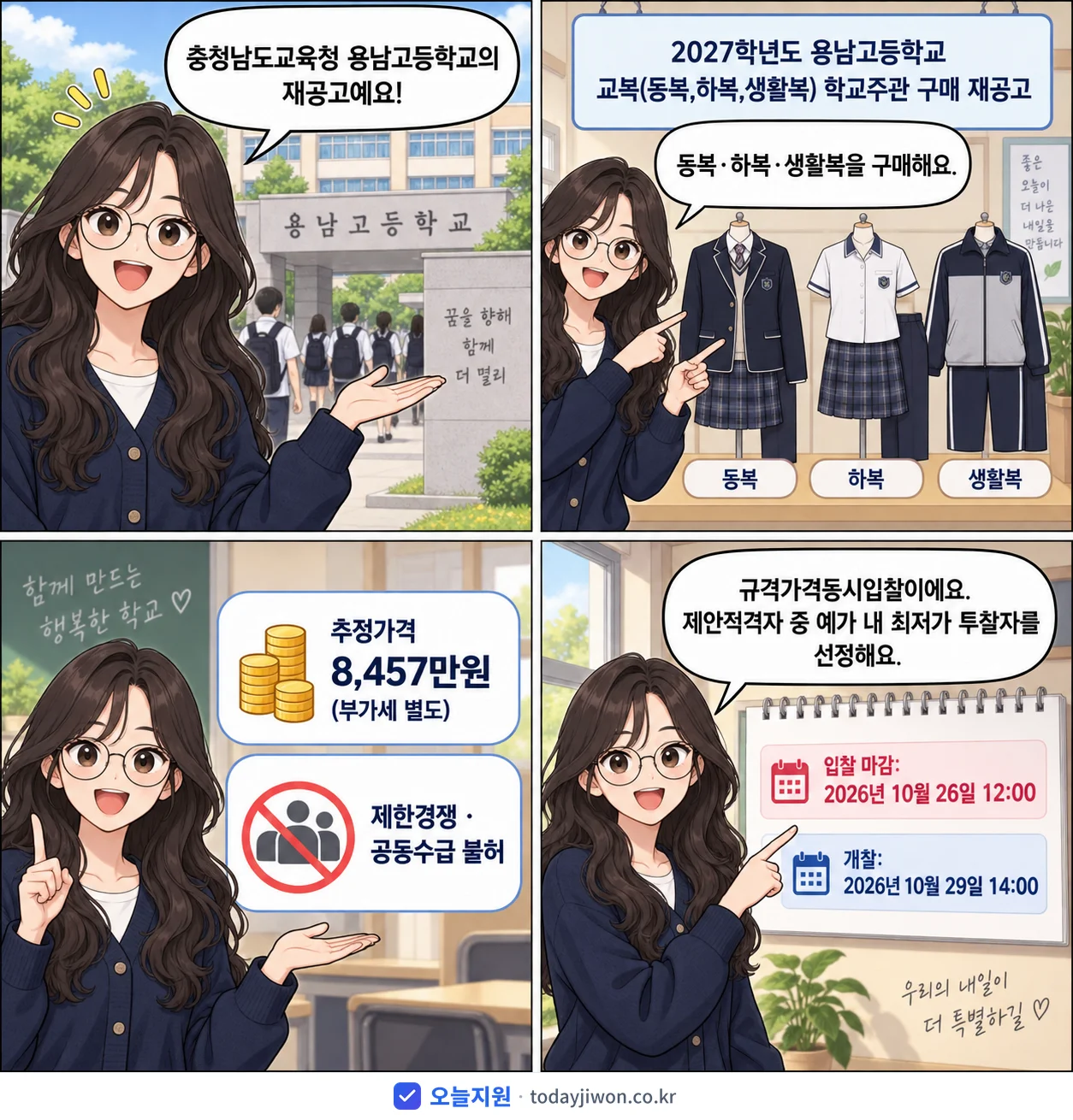 4컷 만화로 보는 공고: 충청남도교육청 용남고등학교 '학년도 용남고등학교 교복(동복,하복,생활복) 학교주관 구매 재공고', 추정가격 8,457만원, 입찰 마감 10/26 12:00