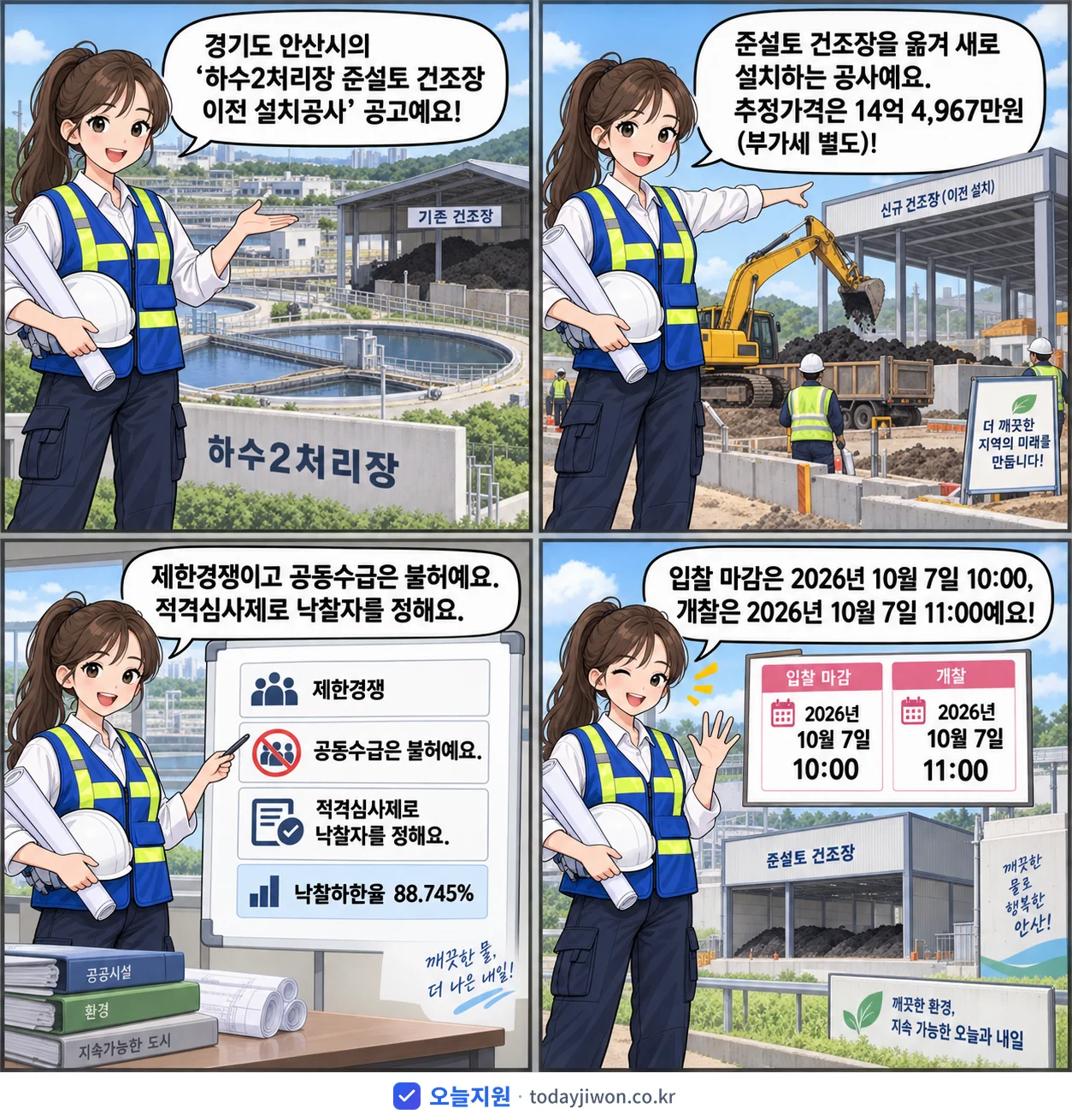 4컷 만화로 보는 공고: 경기도 안산시 '하수2처리장 준설토 건조장 이전 설치공사', 추정가격 14억 4,967만원, 입찰 마감 10/7 10:00