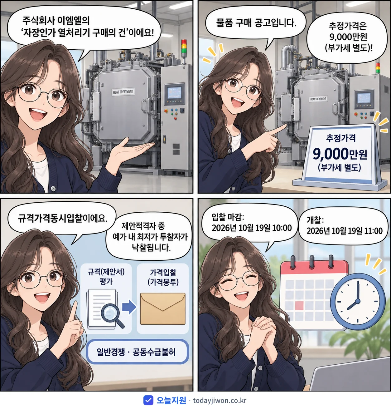 4컷 만화로 보는 공고: 주식회사 이엠엘 '자장인가 열처리기 구매의 건', 추정가격 9,000만원, 입찰 마감 10/19 10:00