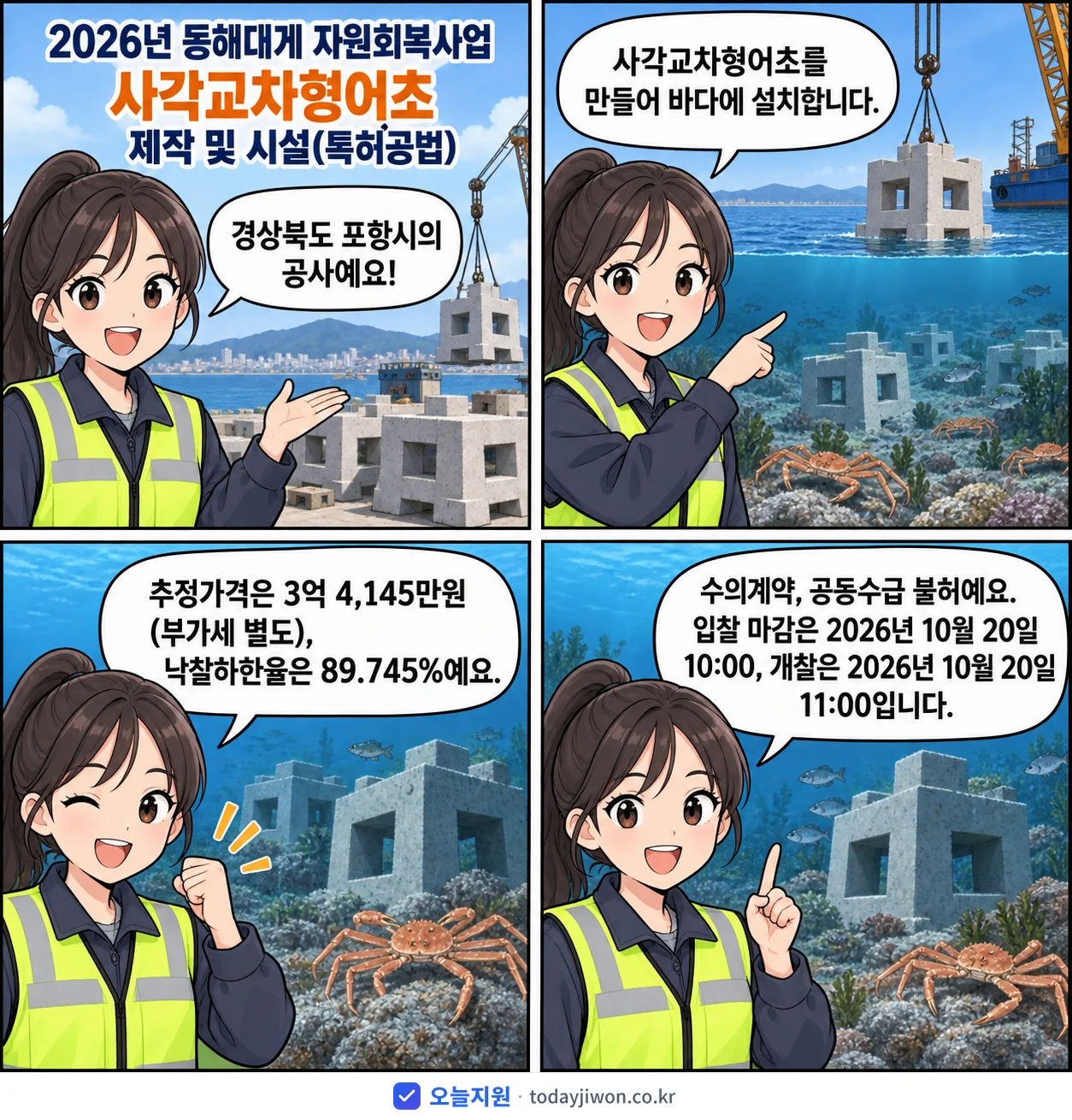 4컷 만화로 보는 공고: 경상북도 포항시 '동해대게 자원회복사업 사각교차형어초 제작 및 시설(특허공법)', 추정가격 3억 4,145만원, 입찰 마감 10/20 10:00