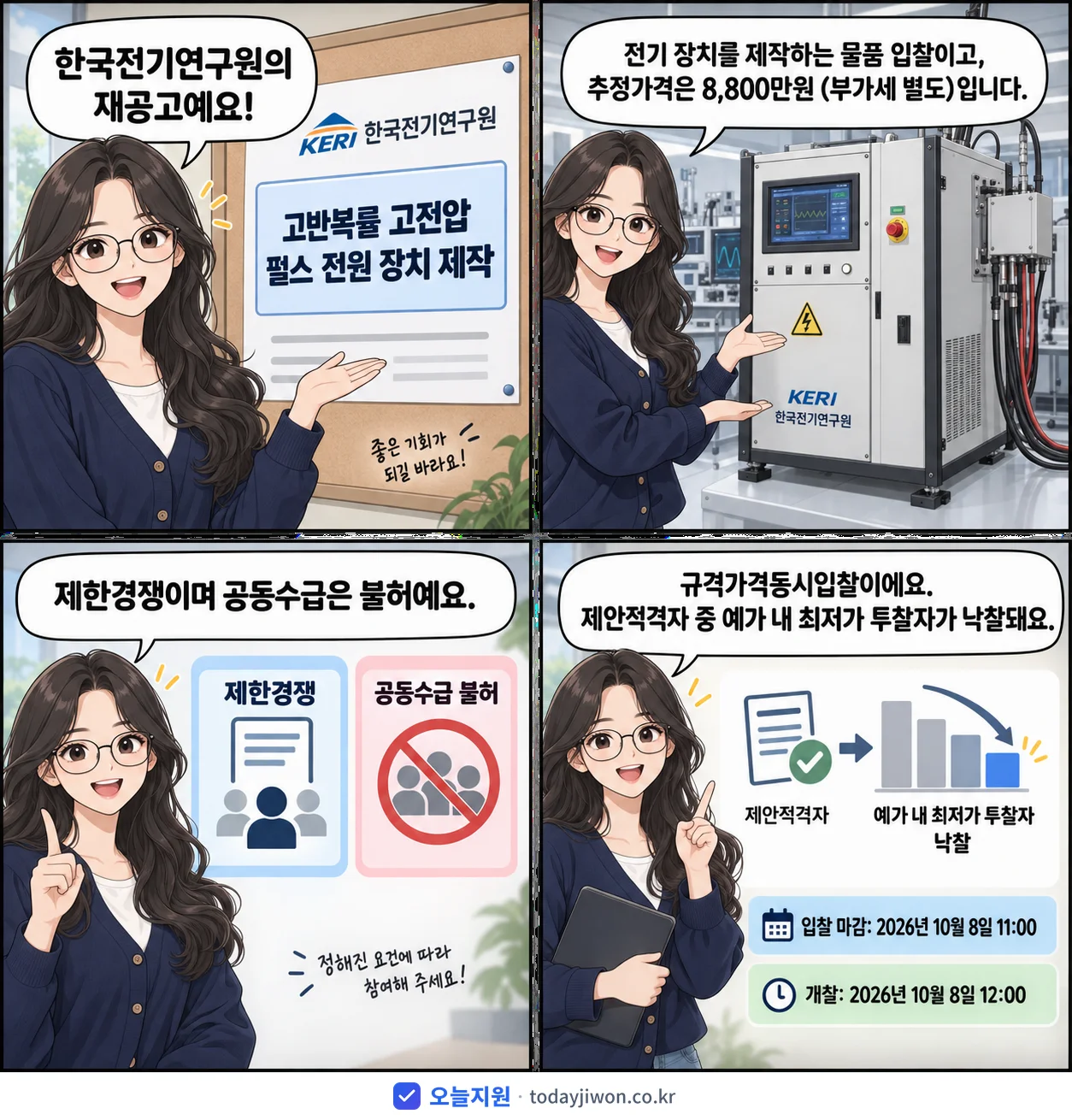 4컷 만화로 보는 공고: 한국전기연구원 '고반복률 고전압 펄스 전원 장치 제작', 추정가격 8,800만원, 입찰 마감 10/8 11:00